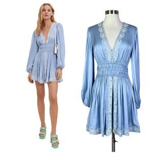 Maje | Rianny Sky Blue Satin Embroidered Long Sleeve Designer Mini Dress Small